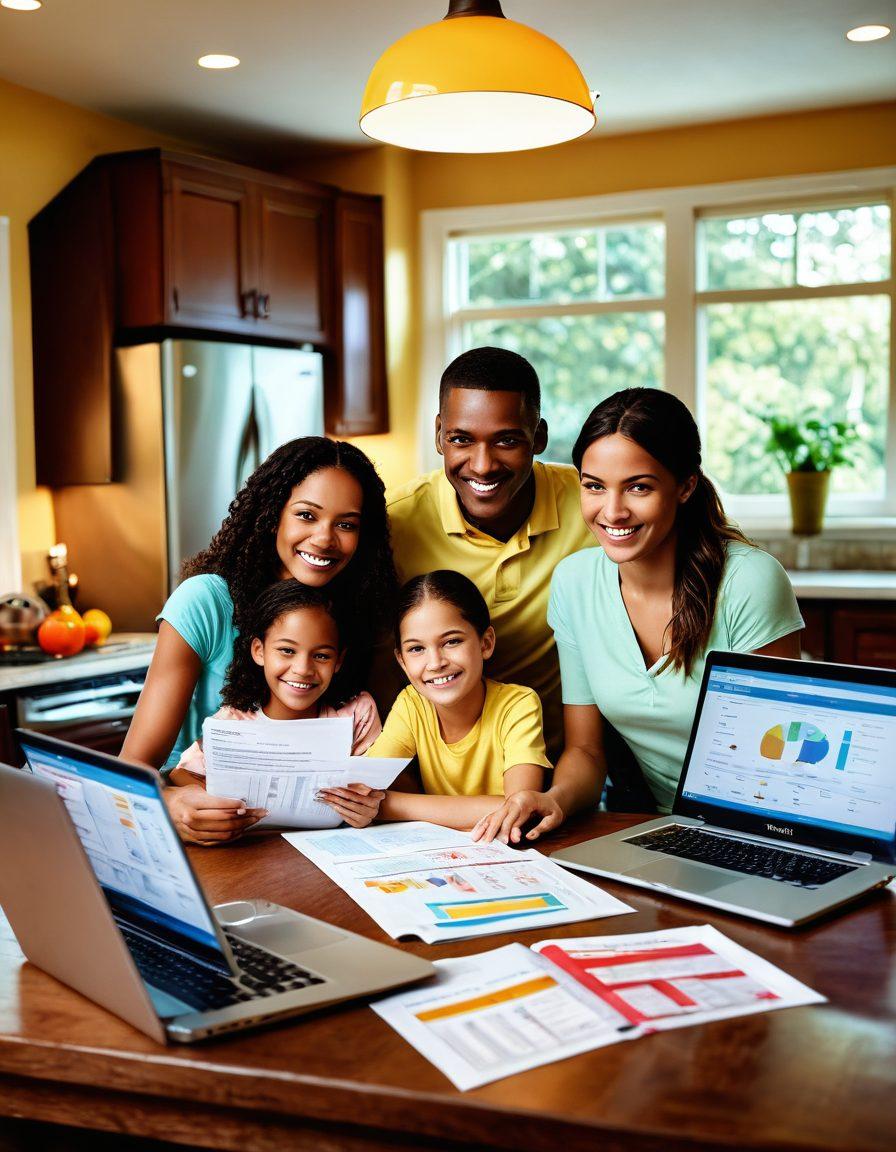 An inviting scene showing a happy family reviewing insurance policies together at a cozy kitchen table, with a laptop open displaying comparison charts, cheerful colors. Include elements like a friendly insurance agent guiding them, symbols of security and joy like a home and sun in the background. super-realistic. vibrant colors. warm atmosphere.