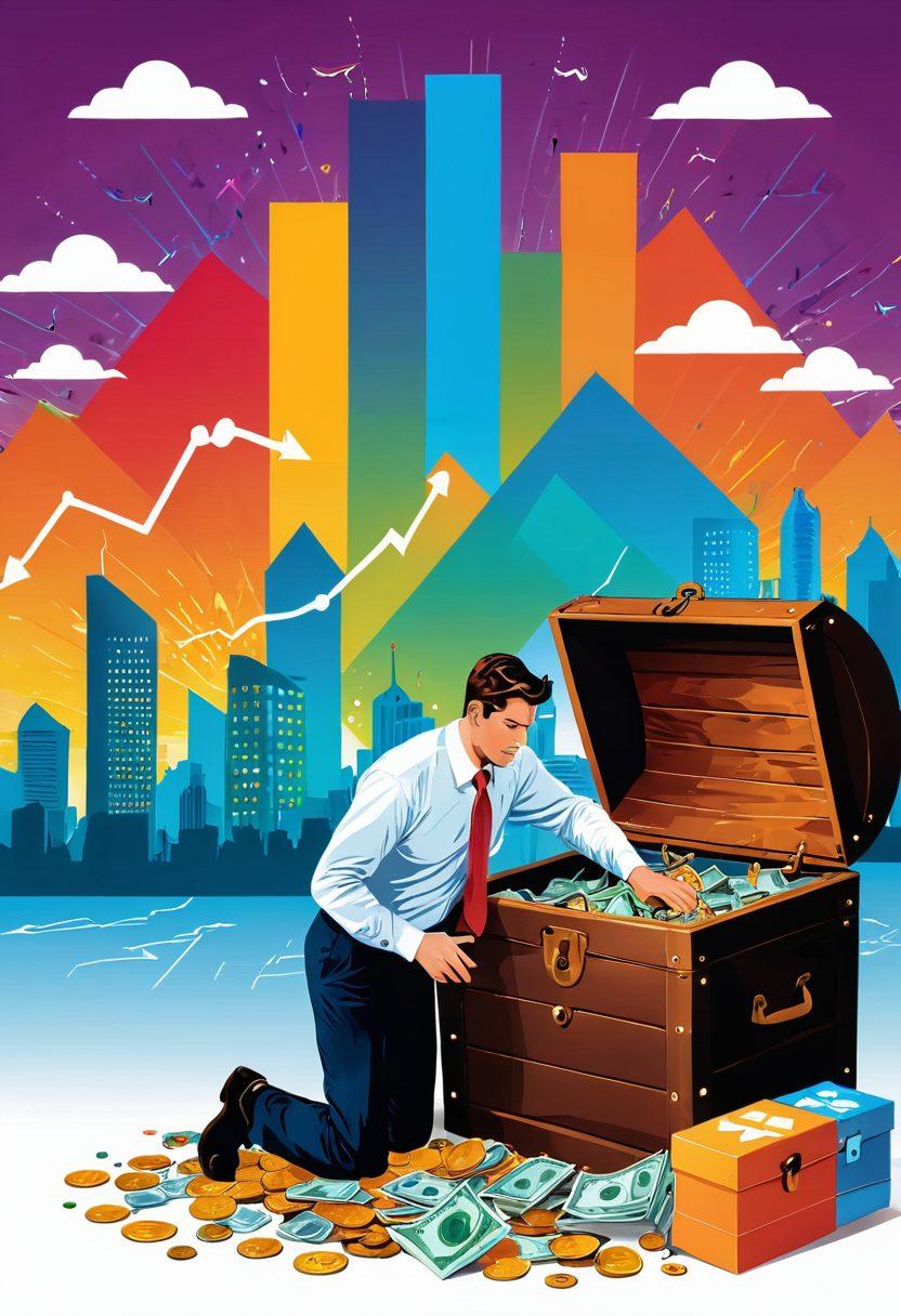A confident person examining a treasure chest overflowing with insurance policies and discounts, surrounded by vibrant charts and graphs showcasing savings. In the background, a bright skyline represents financial security and success. The scene is imbued with a sense of adventure and discovery. vector art. vibrant colors. white background.