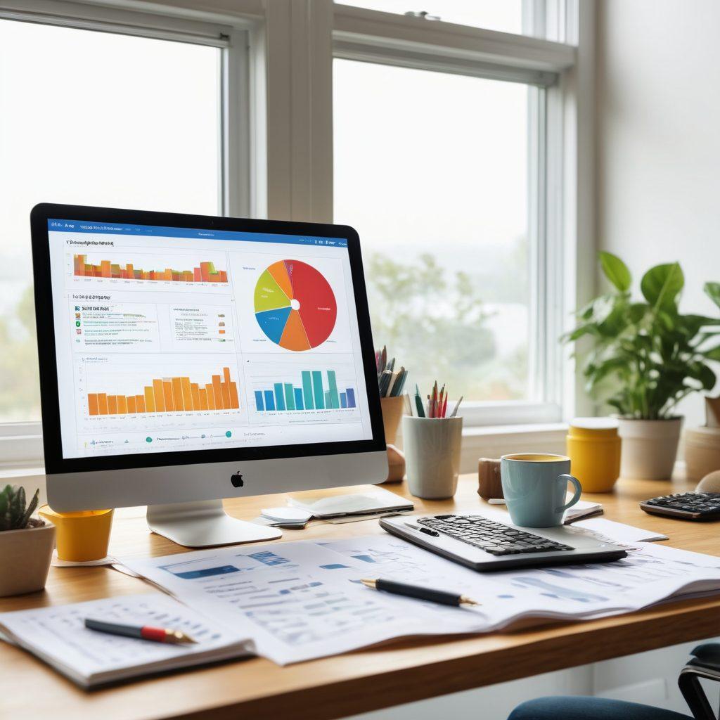 An inviting workspace scene featuring a computer screen displaying various insurance policies side by side with colorful pie charts and graphs comparing costs and benefits. A person thoughtfully reviewing notes and sipping coffee, surrounded by financial planning tools like calculators and notepads. Bright natural light filtering in through a large window, emphasizing a vibrant and productive atmosphere. super-realistic. vibrant colors. white background.